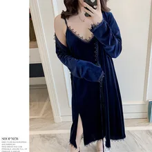 Женская сексуальная пижама из 2 предметов, кимоно, халат, платье с v-образным вырезом, Женская велюровая Домашняя одежда, пеньюар, ночное белье, повседневная Осенняя домашняя одежда