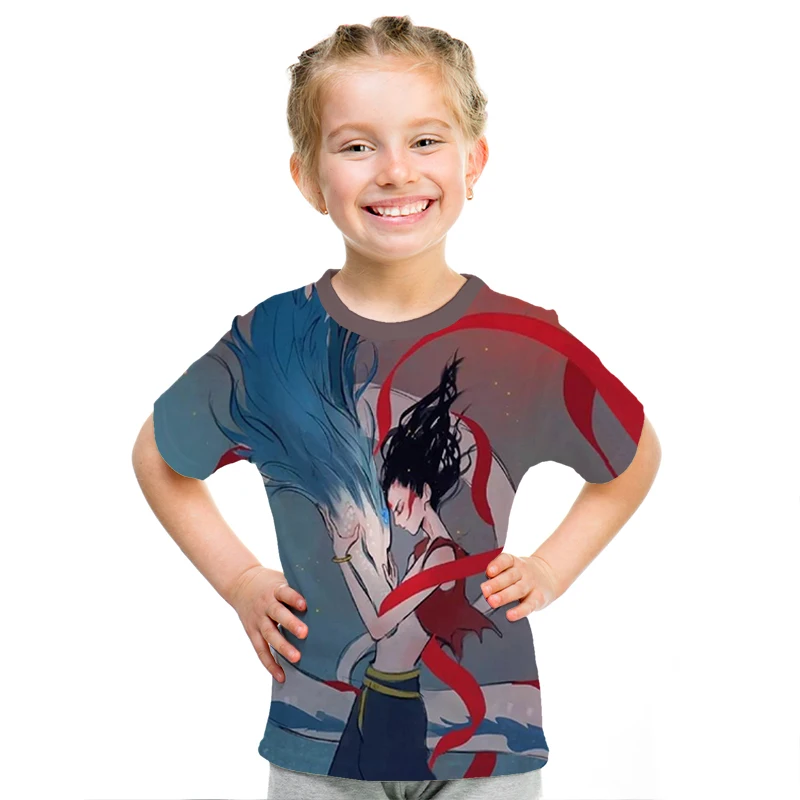 Новейшая летняя футболка с героями мультфильма «hrarjuku Nezha» топы для детей, одежда жесткая Повседневная футболка в стиле «хип-хоп» для мальчиков и девочек футболки с круглым вырезом
