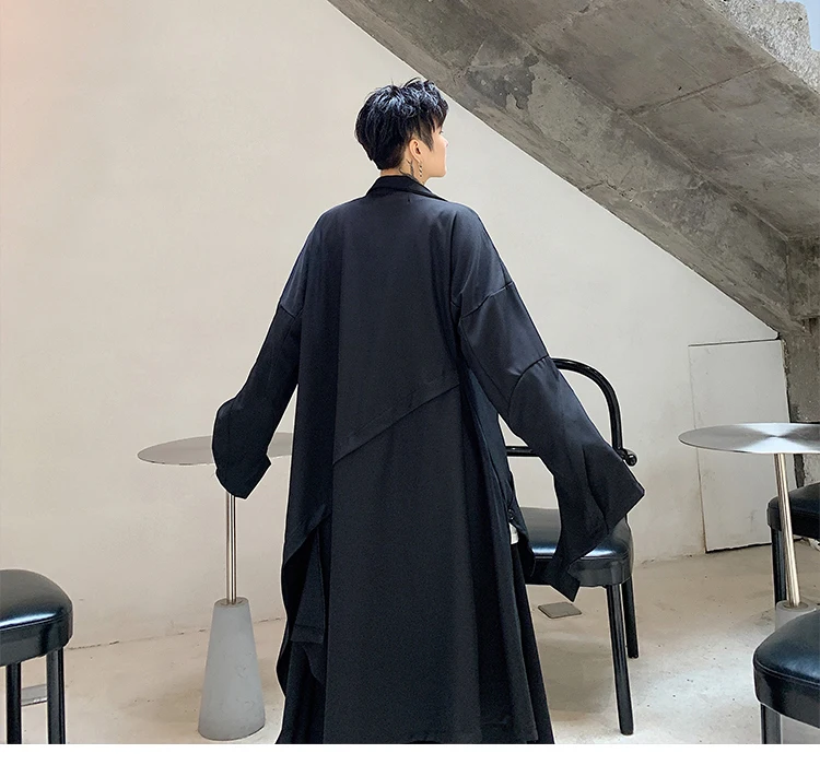 Men Loose Casual Black Irregular Splice Long Windbreaker Jacket Male Japan Streetwear Hip Hop Punk Gothic Cardigan Trench Coat