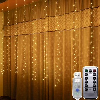 

Thrisdar 3X3M 300LED USB Powered Curtain String Light With Remote Copper Wire Window Icicle Fairy Light Wedding Party Garland
