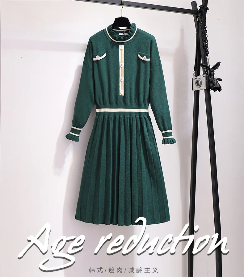 XXL~ 6XL зеленое Полосатое вязаное платье для женщин осень зима длинный рукав Высокая талия узкий вязаный свитер плиссированное платье B661