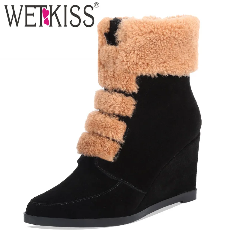 WETKISS/зимние сапоги на высоком каблуке; женские замшевые ботильоны на меху; женская обувь с квадратным носком; Новинка года; сезон зима
