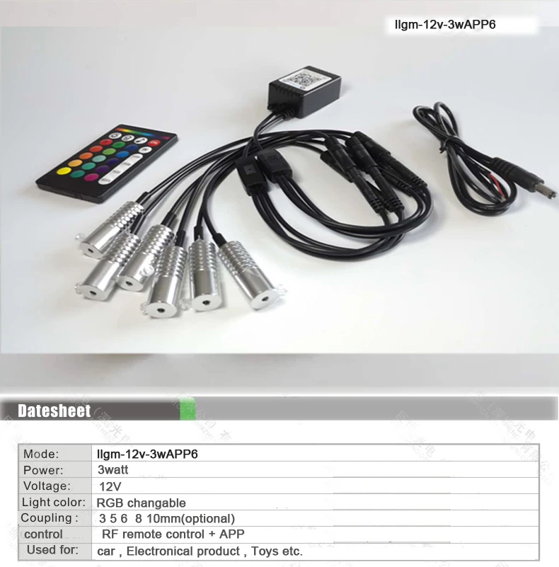Motor de Luz com Controle Uso do Carro Controle 3w Multi Cor Rgb Fibra Óptica Led App - ir 12v 4 Luzes e Iluminação