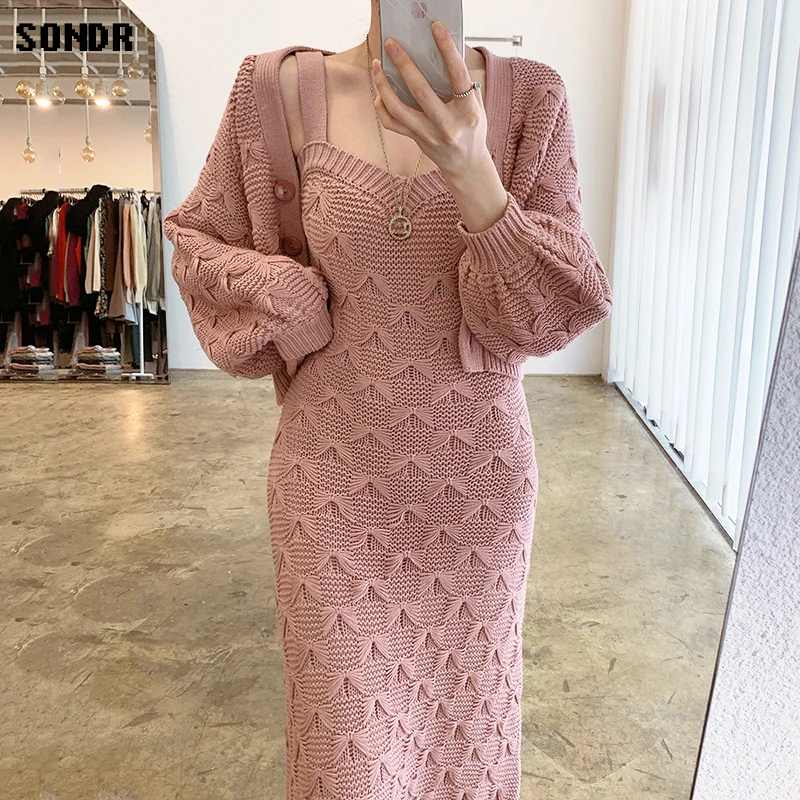 2020 Winter Single-Breasted Lantern Sleeve Knit Cardigan Jacket Heavy Industry Textured Sleeveless Sweater Dress Long Dresses |