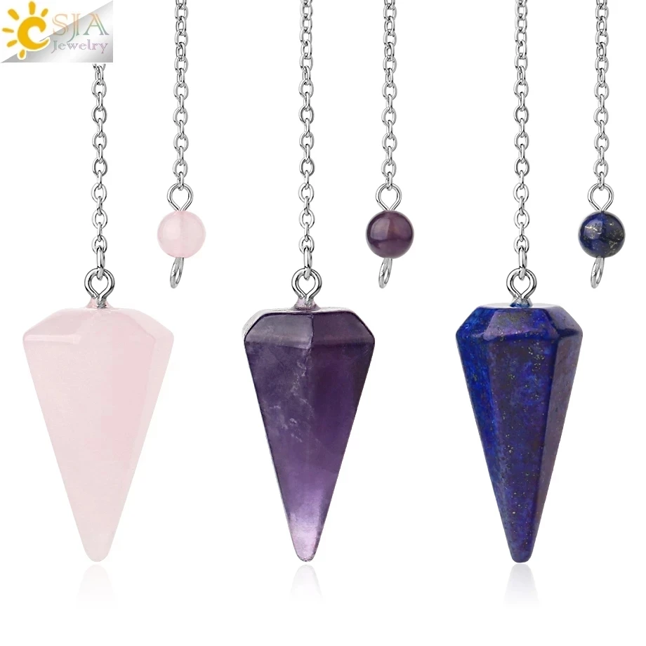CSJA Healing Pendulum for Divination Pink Quartz Pendulums Biolocation Natural Gem Stone Chain Men Reiki Crystal Pendant E112