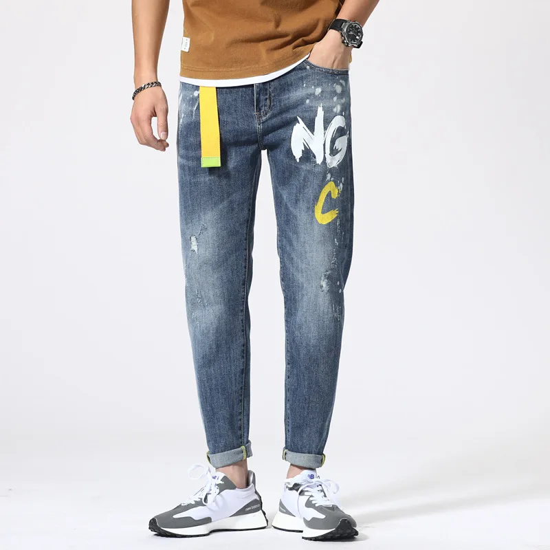 

Jeans Men's Loose Straight Leg Trousers Elastic Youthful Vitality Printing Comfortable Fashion Casual Versatile Wide Denim Pants