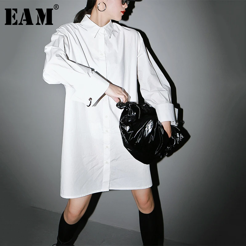 

[EAM] Women White Brief Long Big Size Blouse New Lapel Long Sleeve Loose Fit Shirt Fashion Tide Spring Autumn 2020 1T446