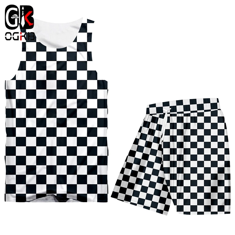 OGKB Men's Tracksuit Cool Fashion Black White Grid 3D Printed Hip Hop Summer Refreshing Tank Top+Shorts Set Oversize 6XL