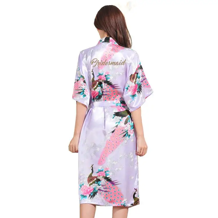 Summer Casual Mid-calf Women Bridesmaid Wedding Robe Exquisite Print Peacock Letter Nightgown Wedding Party Gift Satin Pajamas - Цвет: Lavender