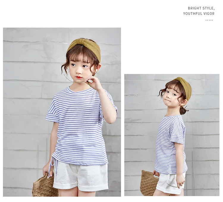 Милая хлопковая футболка в полоску для девочек; летняя свободная футболка для маленьких девочек; модные топы с короткими рукавами; одежда
