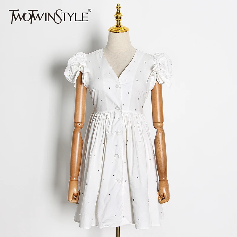 TWOTWINSTYLE Elegant Summer Dress Women V Neck Puff Short Sleeve High Waist Diamons Lace Up Patchwork Bow Dresses For Female New TWOTWINSTYLE Elegant Summer Dress Women V Neck Puff Short Sleeve High Waist Diamons Lace Up Patchwork Bow Dresses For Female New