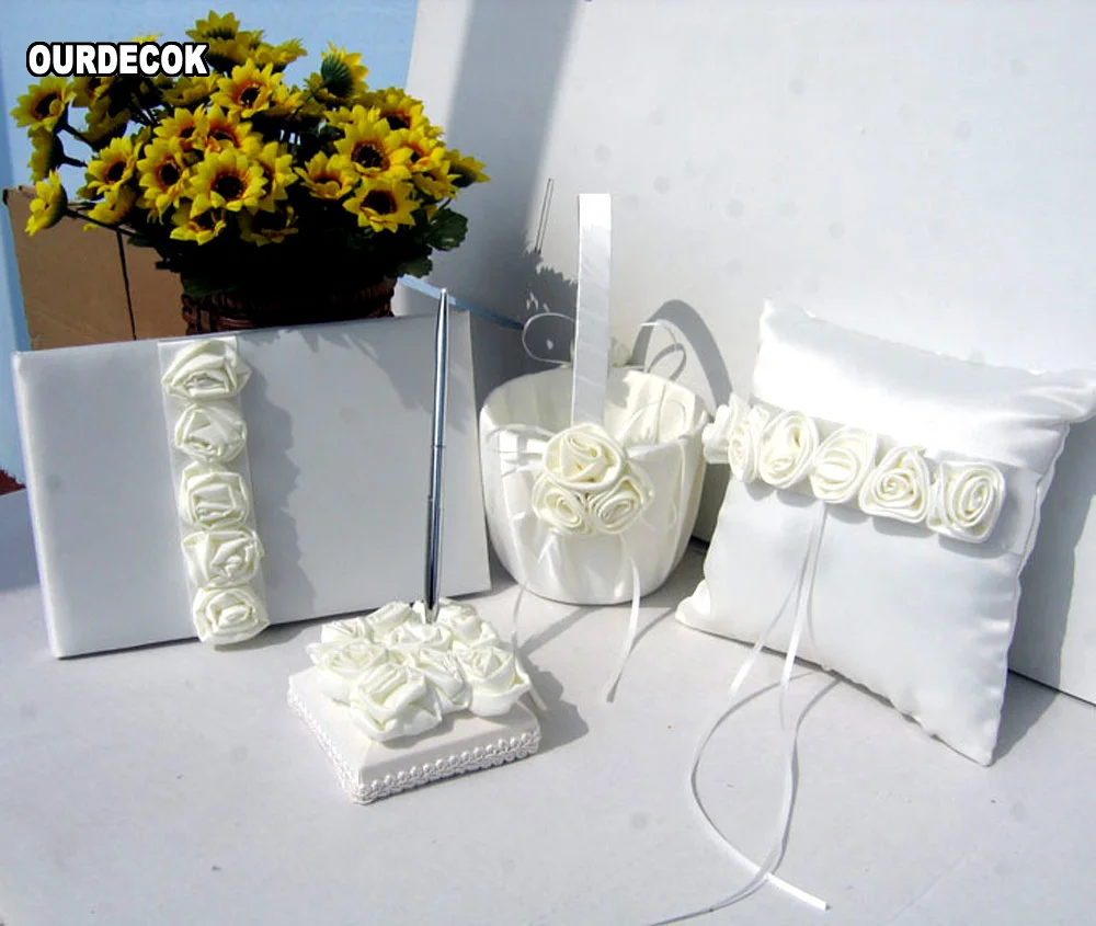 4Pcs/set Red/pink Rose Decor Wedding Satin Ring Pillow &Flower Basket&Guest Book&Pen Set for Bridal Decoration Product Supplies