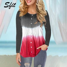 Sfit Осень Зима Повседневная Женская Кнопка Вниз o-образным вырезом Топы с оборками кепки градиент длинный рукав, для йоги спортивная рубашка блузки плюс размер 5XL
