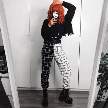 

Cargo Pants Women Full Length Regular Elastic Waist Woman Pants Straight Plaid Polyester 2020 Fashion Streetwear Loose