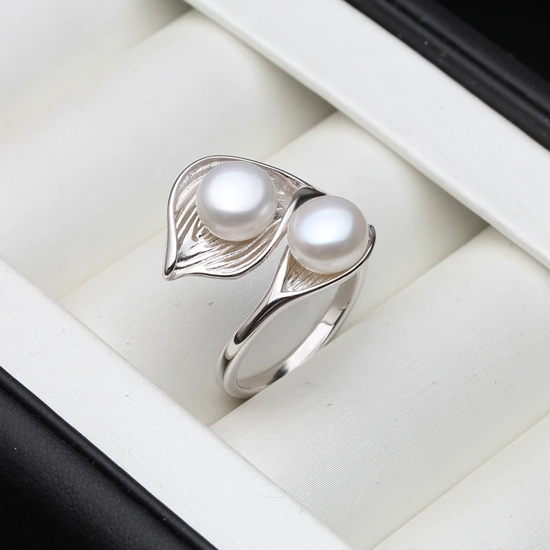 Adjustable 925 Silver Double Pearl Rings For Women,Natural Freshwater Pearl Rings Drop Shipping Couple Rings Jewelry