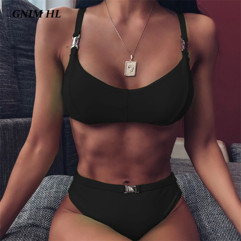 

GNIM High Waist Bikini Mujer 2020 Swimwear Women Push Up Solid Swimsuit Female Two Pieces Bathing Suit Sexy Halter Beachwear New