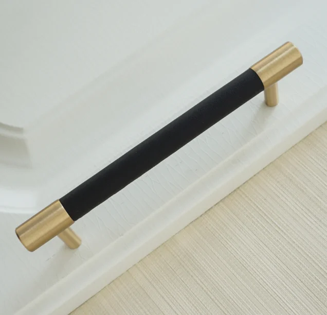 96mm 3,7" 5" черные кожаные дверные ручки, медные ручки шкафа, круглые ручки ящика шкафа 96 мм 128 мм, фурнитура - Цвет: 96mm