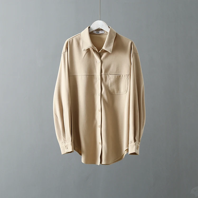Новое поступление, Женская однотонная блуза с карманами, длинный рукав, закругленный подол, толстая рубашка, отложной воротник, Свободный Повседневный Топ, T98706F