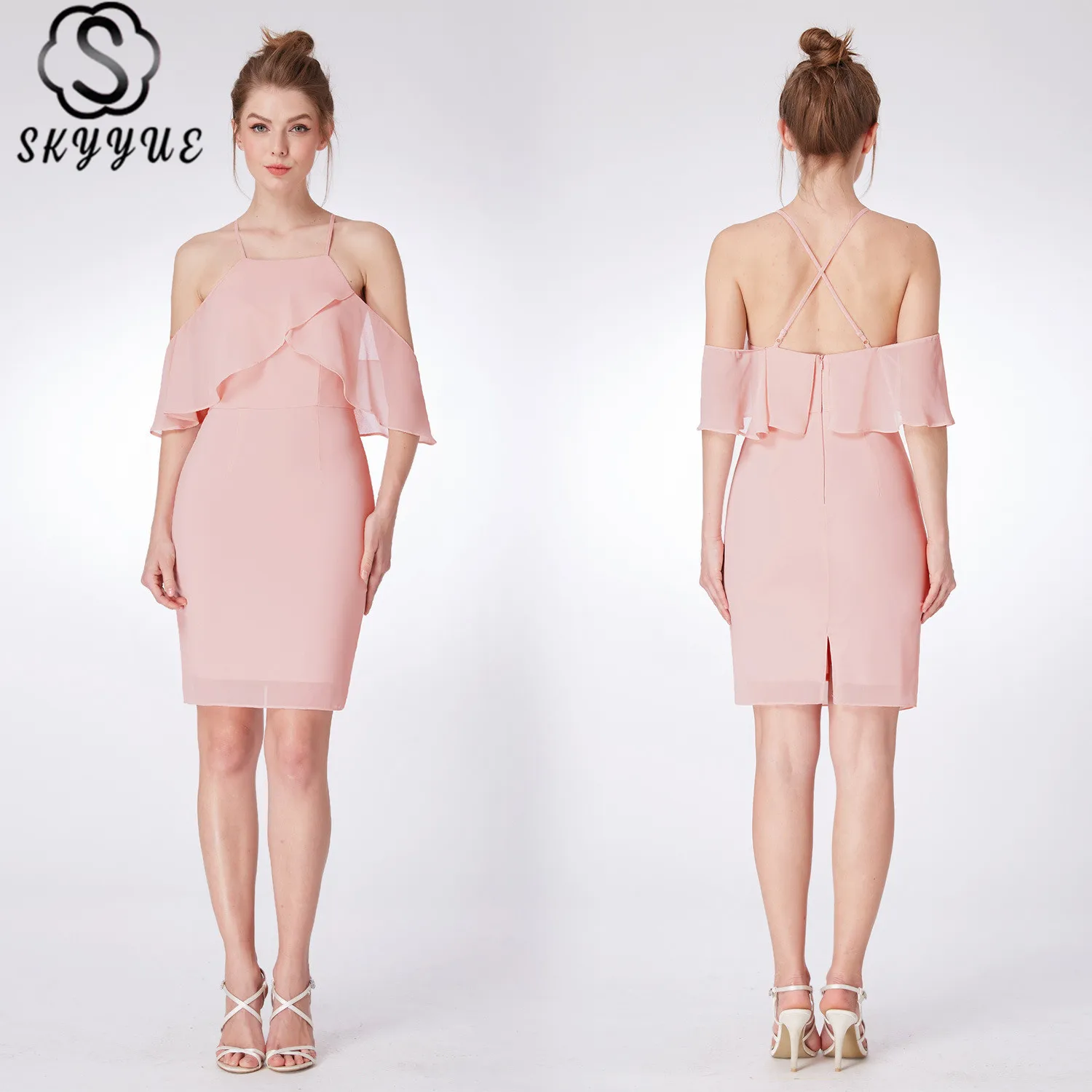 

Skyyue Sleeveless Sexy Prom Dress Solid Halter Collar Spaghetti Strap Lace Prom Dress Ruffles Beach Style Vestidos De Gala C415