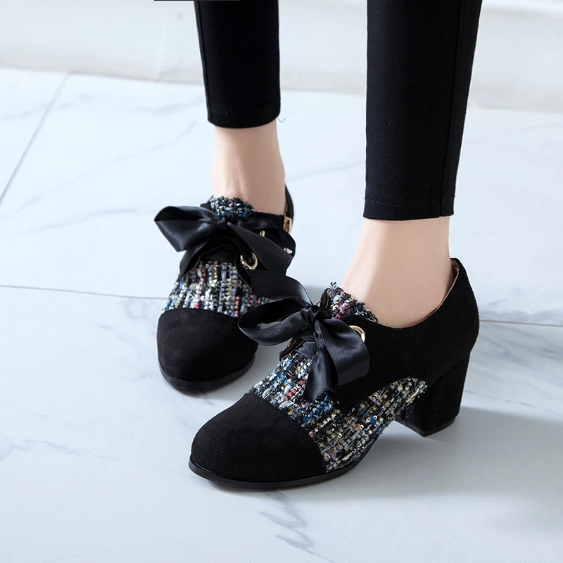 

2020 New Arrival Korean Concise Round Toe Office Shoes Women's Fashion Mixed Flock Shallow High Heels Shoes for Wome