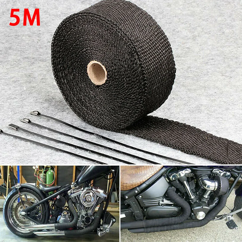

5M Roll Fiberglass Heat Shield Motorcycle Exhaust Header Pipe Heat Wrap Tape Thermal Protection+ 4 Ties Kit Exhaust Pipe
