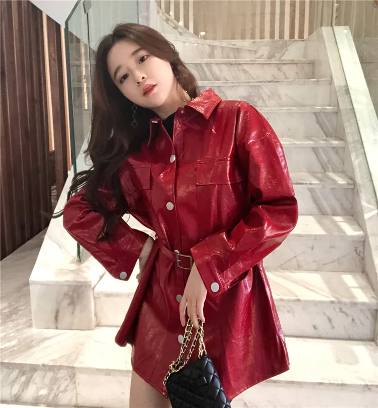 Faux Leather Coats Women Fashion Slim PU Jackets Women Elegant Tie Belt Waist Buttons Coats Female Ladies