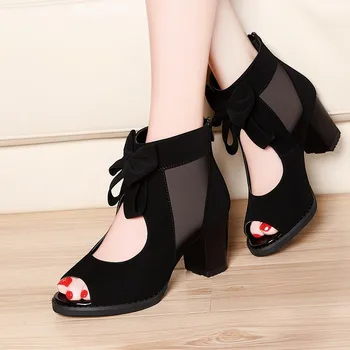 

2020 New Women Peep toe Sandals Woman High Heeled Platform Shoes Female Sexy Front Hollow out Mesh Shoe Thick Heel Bowtie Black