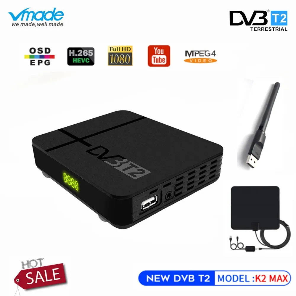 Vmade HD DVB-T2 K2 MAX наземный ТВ приставка YouTube встроенный RJ45 LAN H.265/HEVC DVB T2 ТВ приемник+ ТВ антенна+ wifi