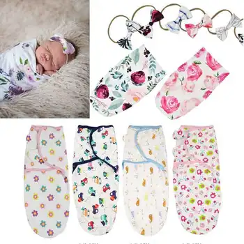 Soft Cotton Infant Swaddle Muslin Blanket Newborn Baby Wrap Swaddling Blanket Sleeping Bag+Headband Outfits Set 1