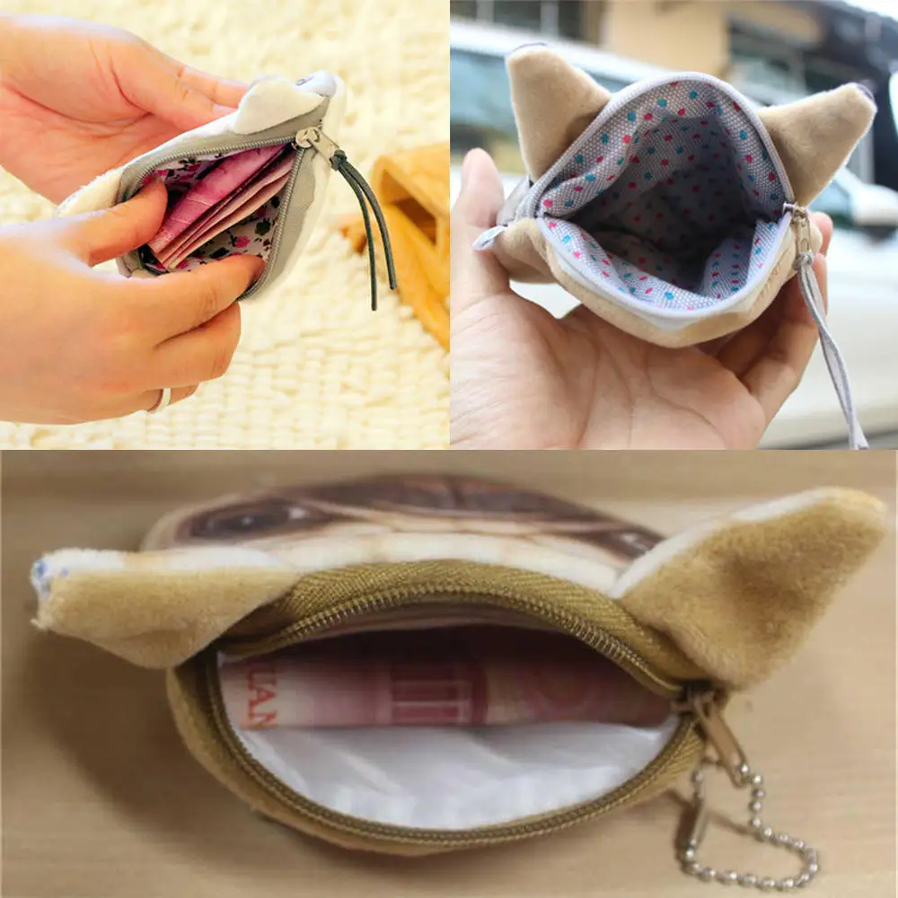 Cute Mini Coin Purse Animal Face Cartoon Cat Dog Bag Plush Zipper Children Girls Wallet Card Key Holder Handbag Bag Headset