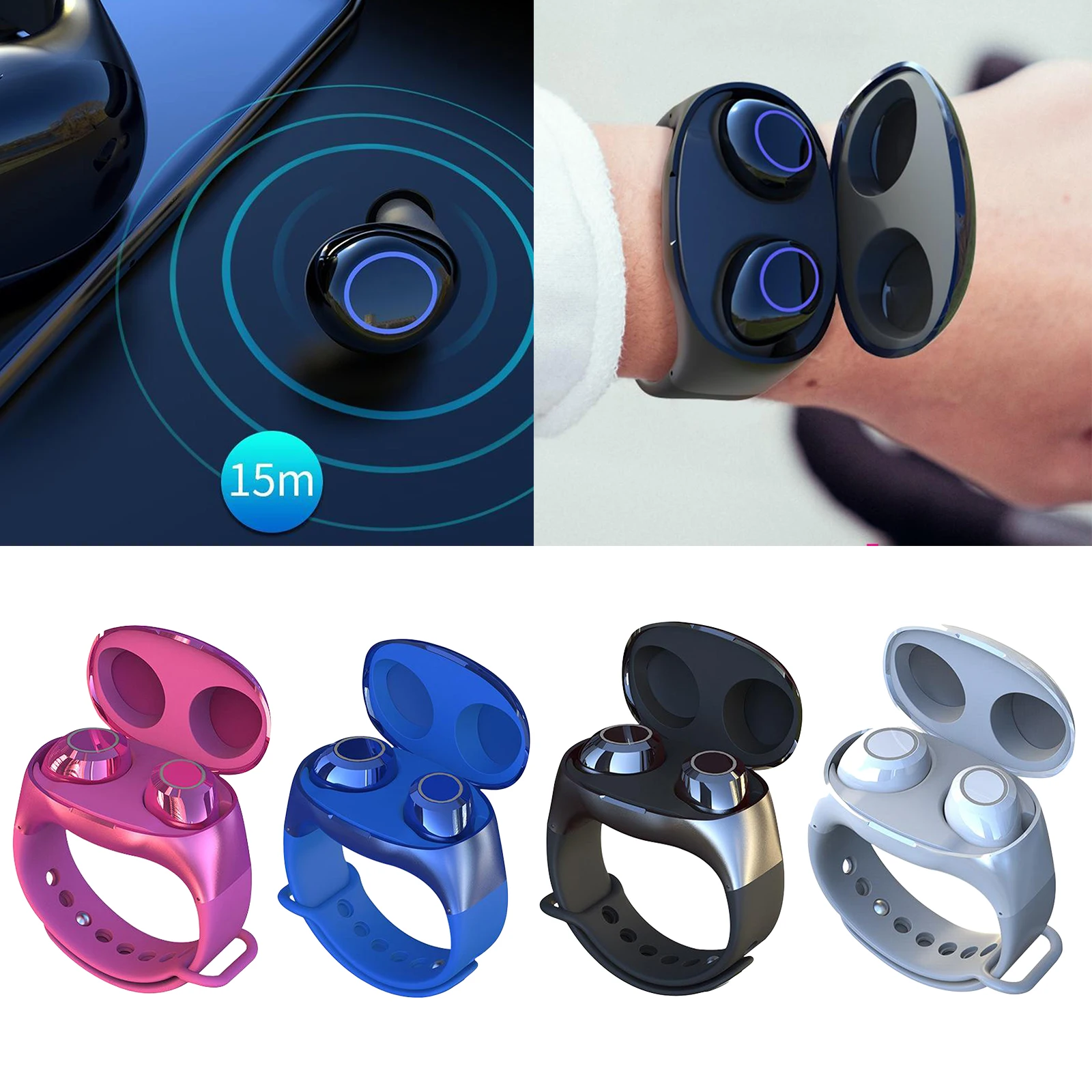 TWS 2 in 1 Bluetooth 5.0 Wireless Earphones Sport Handsfree Earbuds Headset with Smart Wristband Bracelet Style Charging Case