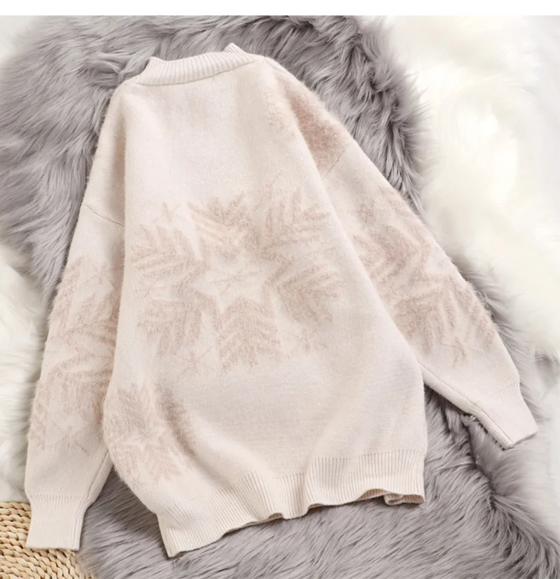 Hirsionsan Christmas Mohair Sweater Women Thicken Snowflake Pullover Winter Knitted Vintage Kawaii Soft Warm Casual Female Tops