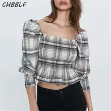 CHBBLF women stylish plaid crop top stretchy lantern sleeve short style short blouse shirts fashion casual tops blusas O9557