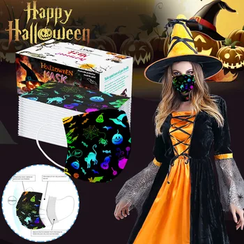 

50PC Fashion Personality Pumpkin Printed Disposable Mask Halloween Mask 3-Ply Dustproof Breathable Protective Masks Masque Adult