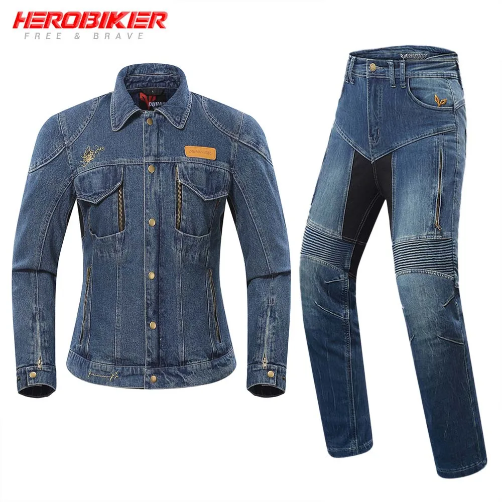 HEROBIKER мотоциклетная куртка, Женская Байкерская джинсовая куртка, осенне-зимняя Защитная Экипировка, морозостойкая, сохраняющая тепло мотоциклетная одежда - Цвет: Set