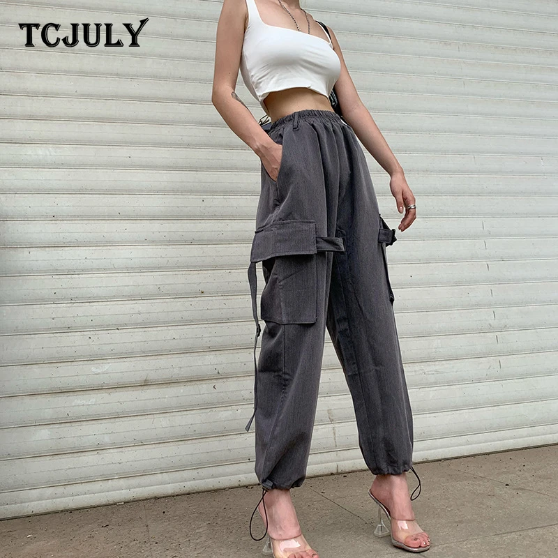 TCJULY, осень, модные хлопковые серые брюки-карго, женские эластичные повседневные брюки с высокой талией, с карманами, уличная одежда, обтягивающие штаны для бега