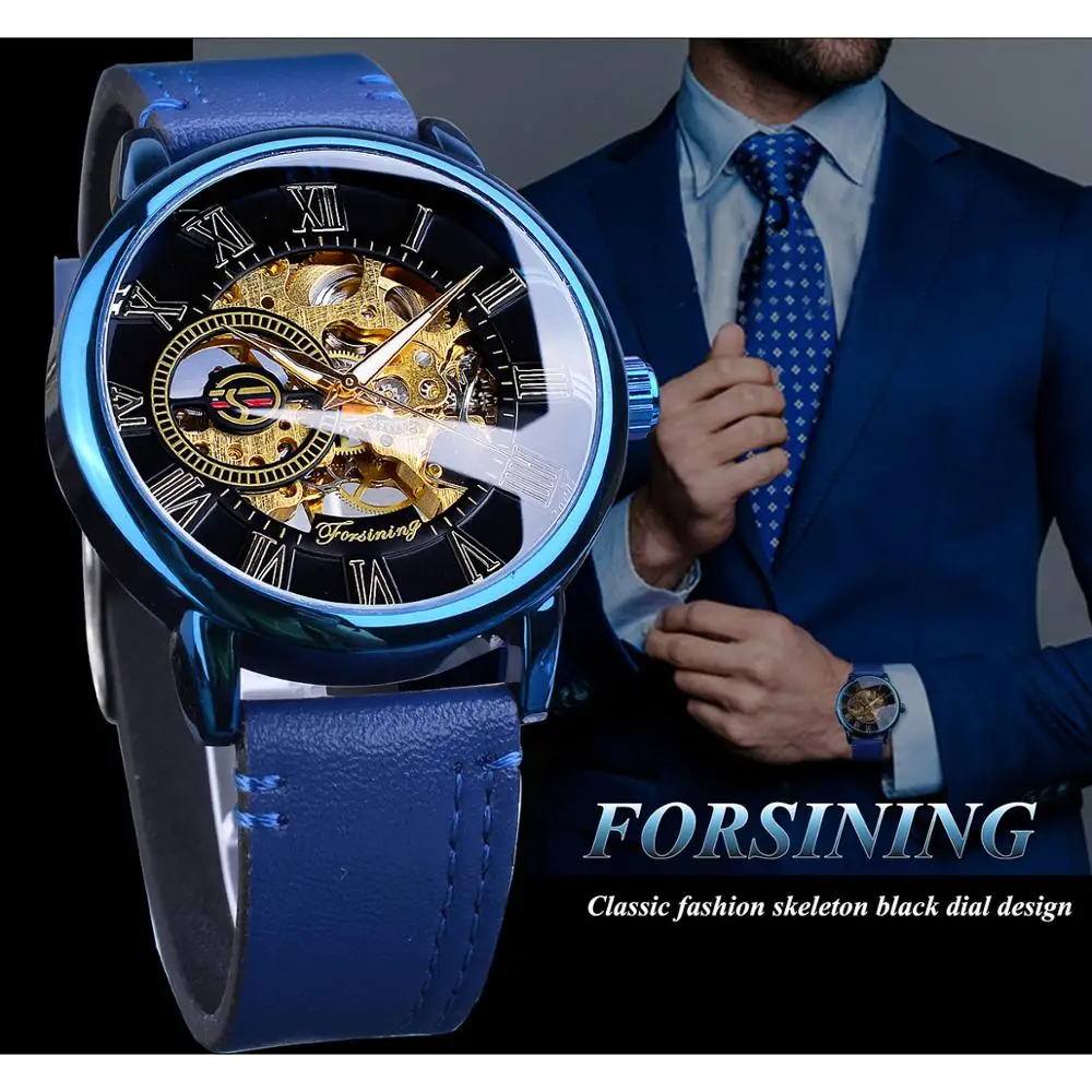 Forsining-Reloj mecánico para Hombre, accesorio masculino de pulsera resistente al agua con correa de cuero genuino, diseño analógico ultrafino, color azul, estilo Casual y deportivo - Imagen 3