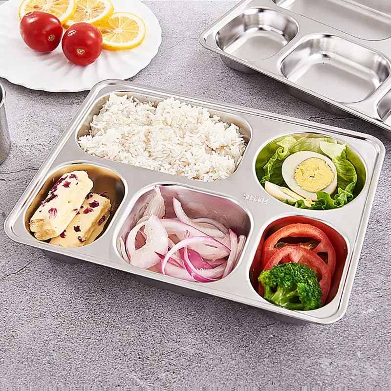 Stainless Steel Divided Dinner Tray Lunch Container Food Plate for School Canteen 3/5/4 Section