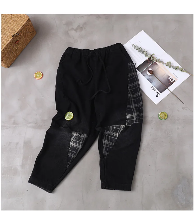 Women Jeans Autumn Winter Fashion Elastic Waist Elastic Waist Denim Pants New Ladies Loose Casual Vintage Plaid Trousers