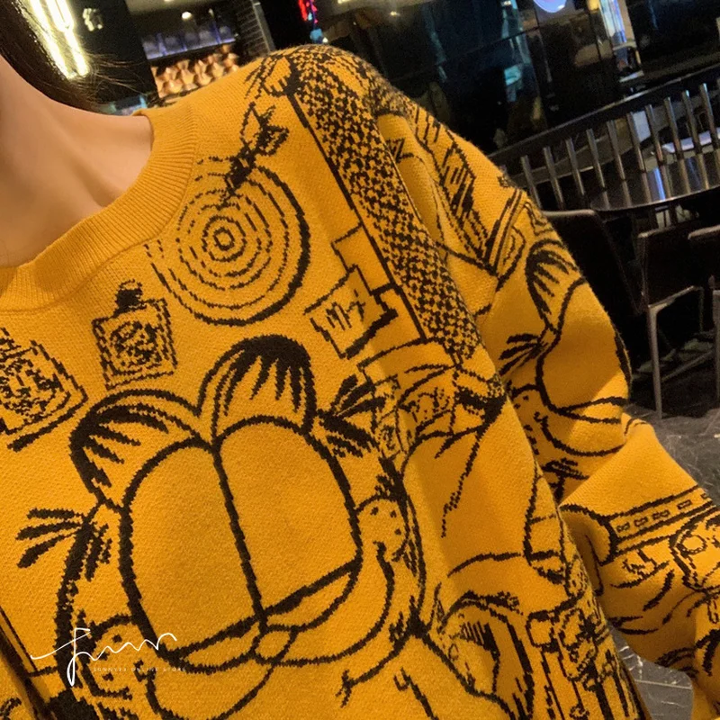 Garfield женский свитер с героями мультфильмов на осень и зиму, джемпер с длинным рукавом, новинка, вязаный СВОБОДНЫЙ Модный белый пуловер, Женский Топ Harajuku