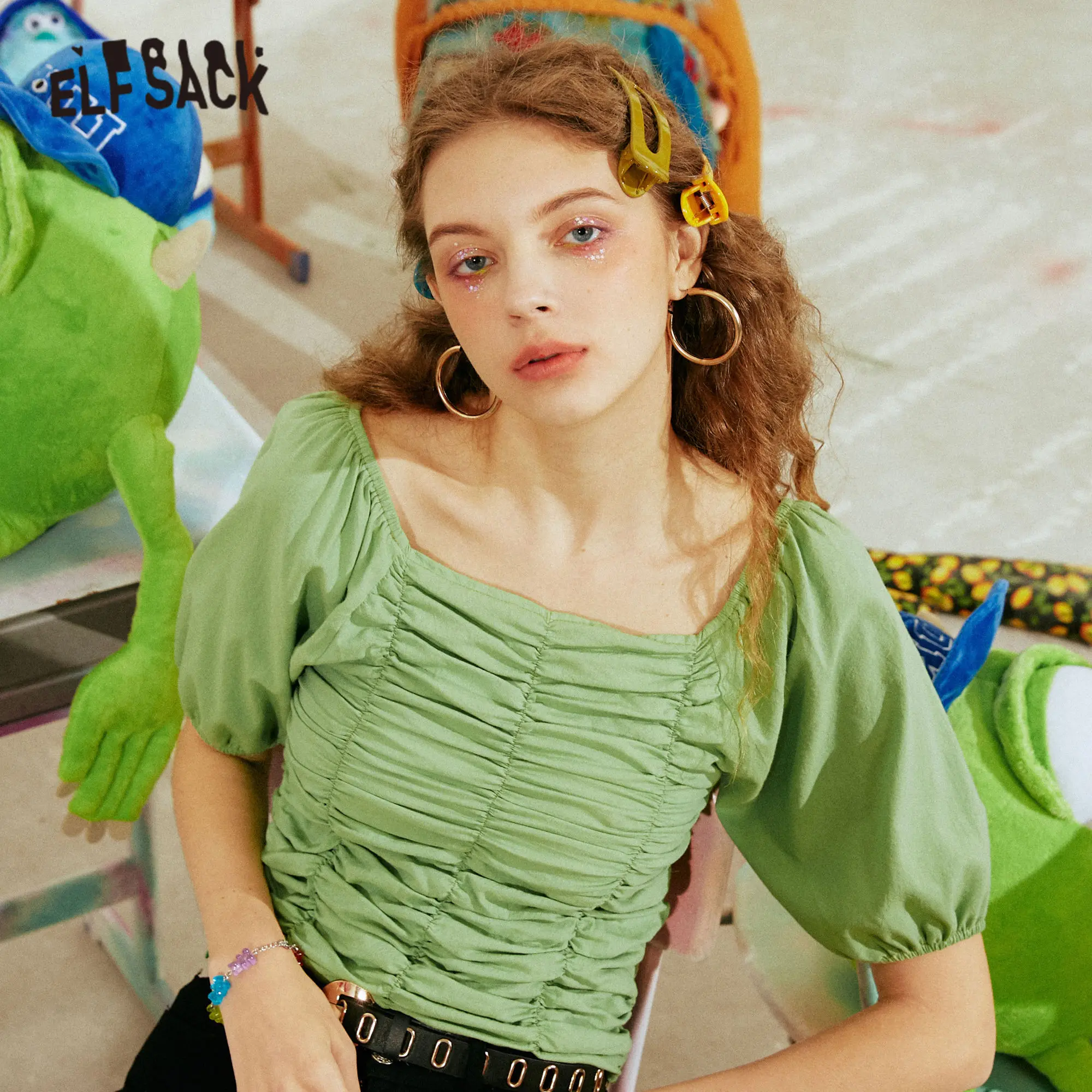 Женская блузка ELFSACK зеленая однотонная Повседневная рубашка с длинным рукавом