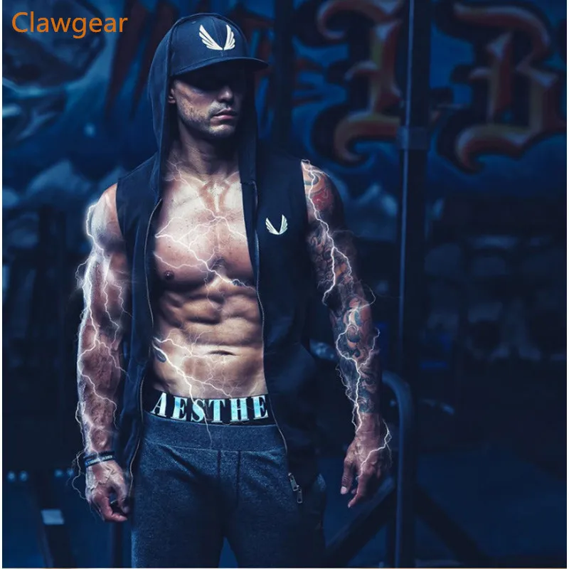 

2019 New Clawgear Mens Bodybuilding Stringer Workout Active Zipper Hoodie Tank Tops Fitness Hooded Coat Shirt Vest