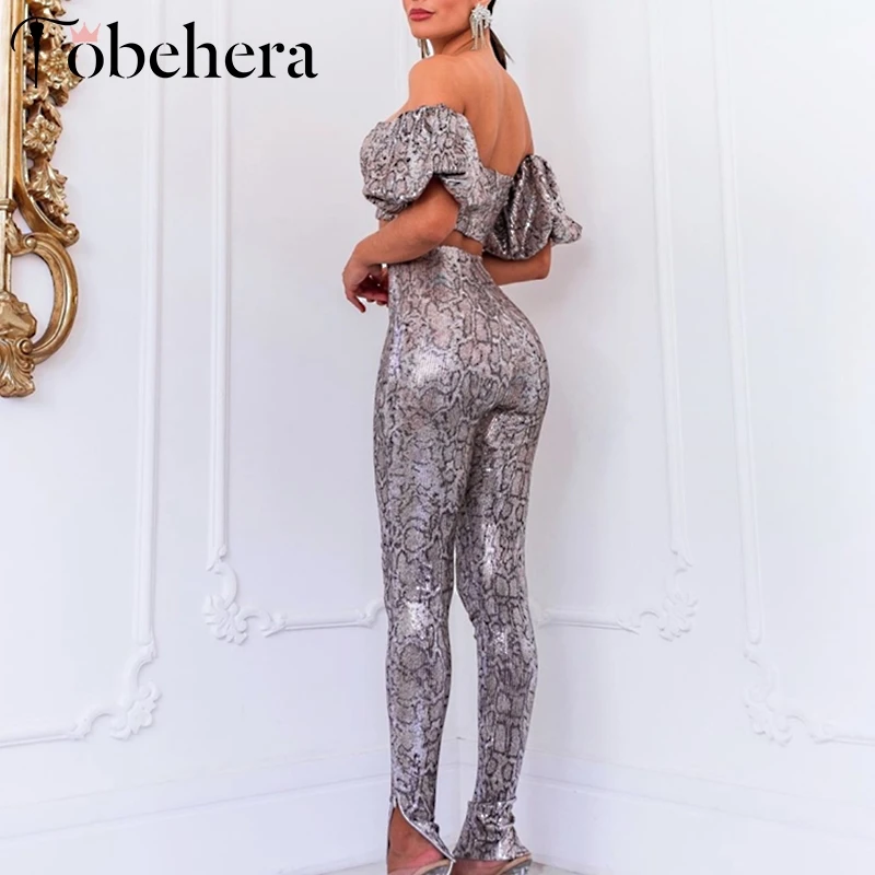 

Glamaker Sexy snake print long jumpsuit Women off shoulder jumpsuit romper Female two piece set jumpsuit winter party fashion