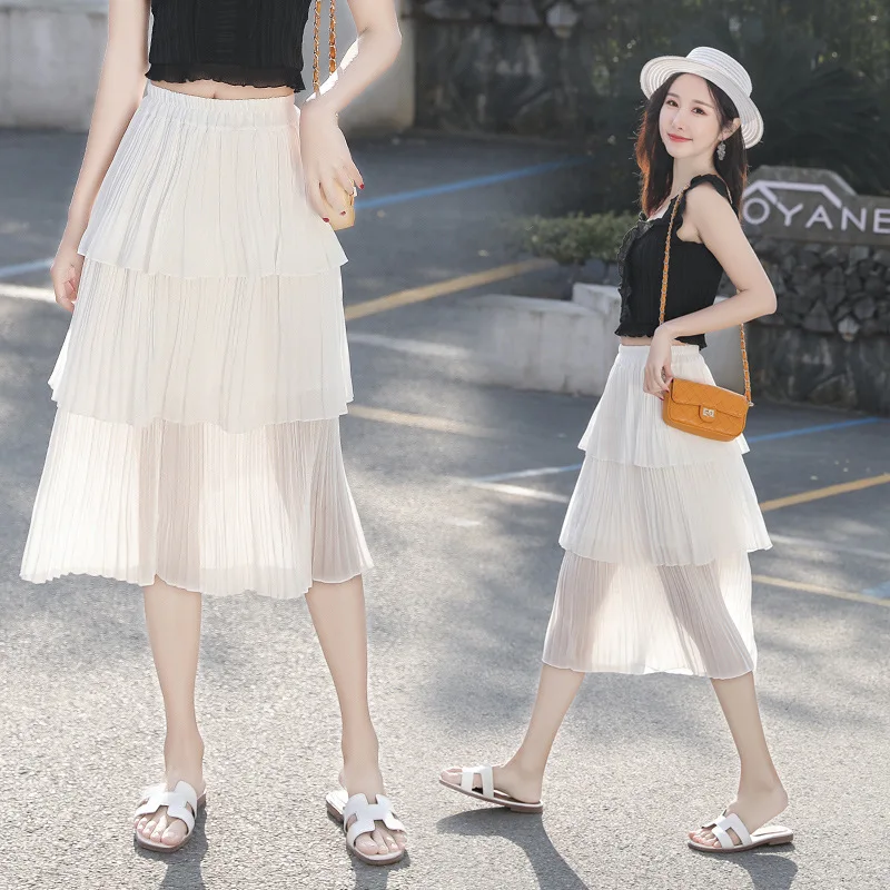 Новинка; сезон весна-лето; плиссированные юбки с оборками; высокая талия; однотонная элегантная средней длины; удлиненная юбка; уличная одежда для женщин; цвет черный, белый