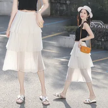 Новинка; сезон весна-лето; плиссированные юбки с оборками; высокая талия; однотонная элегантная средней длины; удлиненная юбка; уличная одежда для женщин; цвет черный, белый