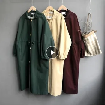 

Autumn Elegant Women Long Coat Solid Full Sleeve Lace Up Single Breasted Loose Trenchcoat Khaki Red Vintage Casual Outerwear