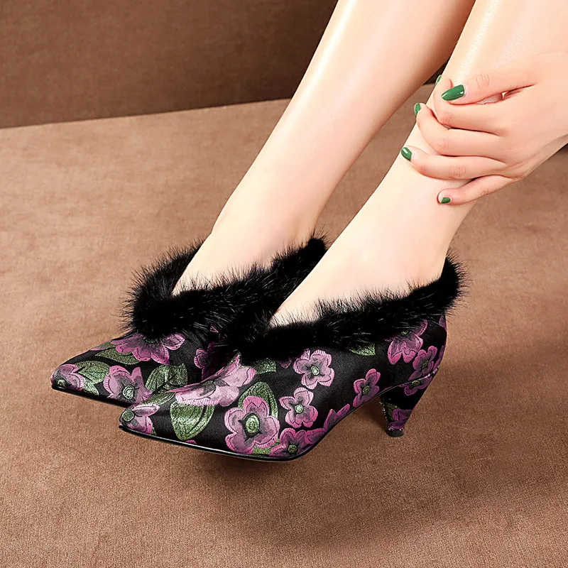 

V Mouth Mink Fur Europe And America Boots Children 2019-Chunky-Heel Fabric Cover Sheepskin 33-43 Winter Shoe