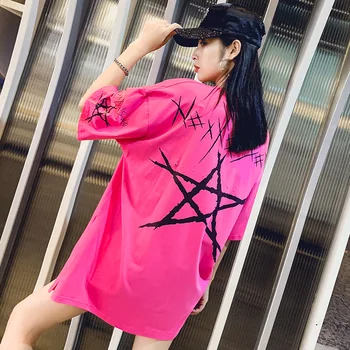 

Hip Hop Hole Star Printed Loose T-Shirts Women 2020 Side Slit Round Neck Short Sleeve Plus Size Streetwear Female Red Tops Tee