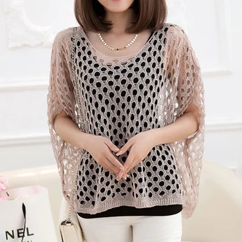 

Summer Korean style new pullovers word collar bat sleeve loose large size thin hollow sweater women's clothing wholesale 7558