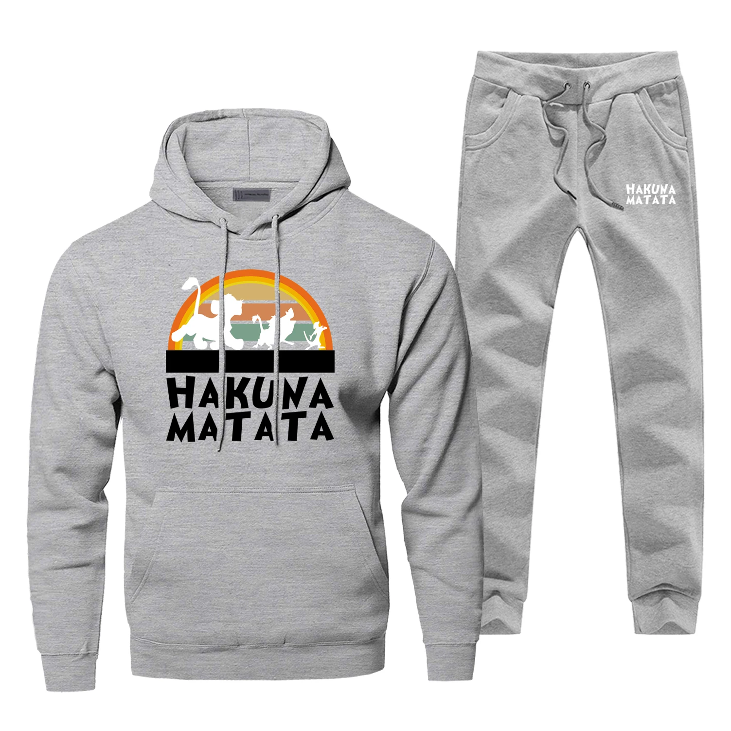 Забавные хакуна матата толстовки+ брюки из двух частей Наборы для мужчин повседневный спортивный костюм Король Лев Толстовка пальто Королевство животных Мужская Уличная одежда